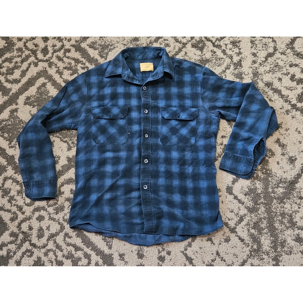 Vintage 70s Sears Perma Prest Blue Plaid Flannel Shirt Mens Medium Buffalo Check